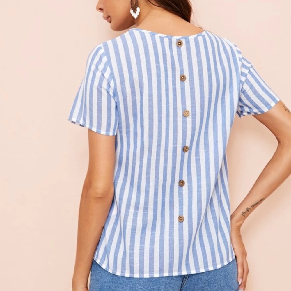 46. NEW| SHEIN Women’s Striped Nautical Back Button Blouse - Picture 2 of 5